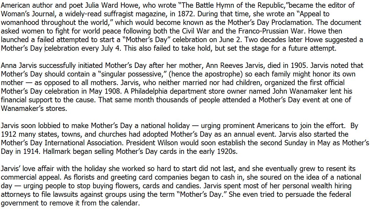 Mother's day history