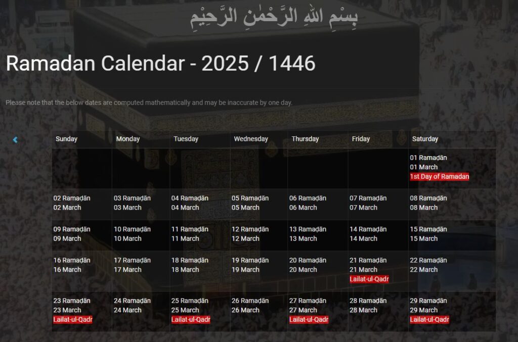 Ramadan 2025 Calendar 
