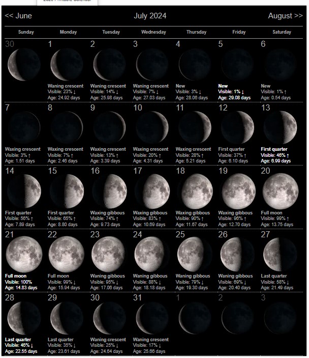 July 2024 moon phase Calendar