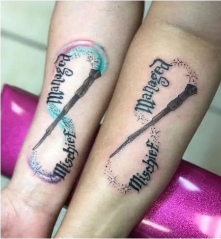 Harry Potter “Mischief Managed” wand infinity tattoos